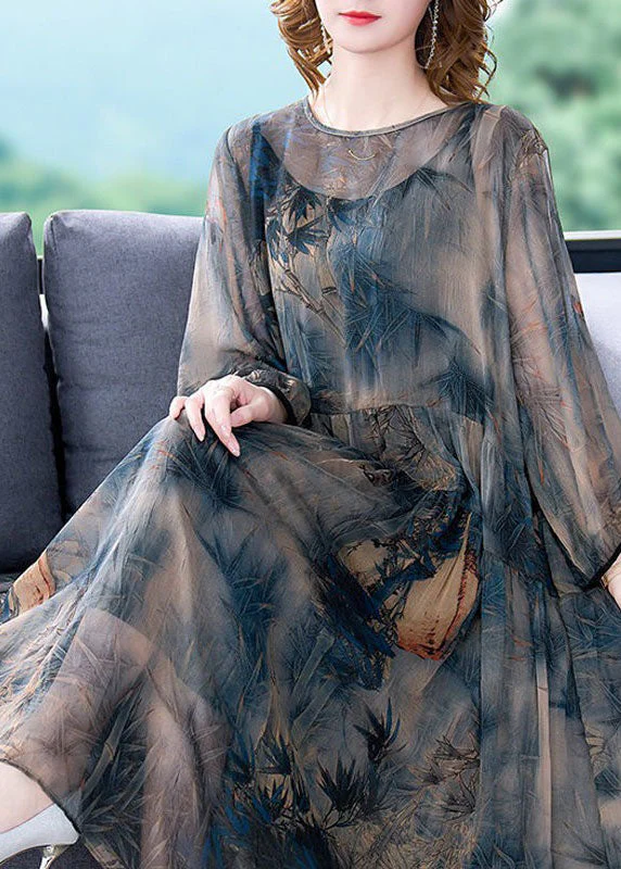 Italian Blue O-Neck Wrinkled Print Patchwork Silk Dress Two Pieces Set Summer - Image 4