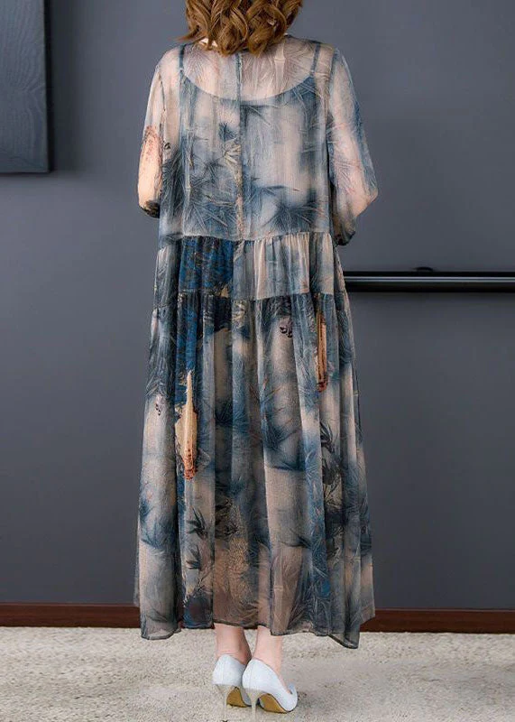 Italian Blue O-Neck Wrinkled Print Patchwork Silk Dress Two Pieces Set Summer - Image 5