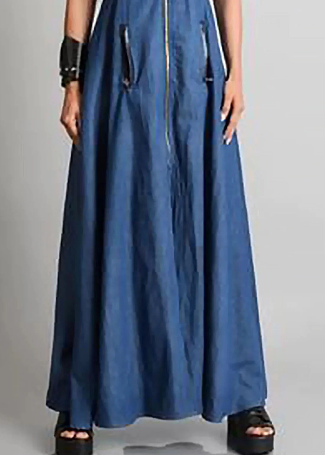 Italian Blue O Neck Zippered Patchwork Denim Maxi Dresses Sleeveless - Image 4