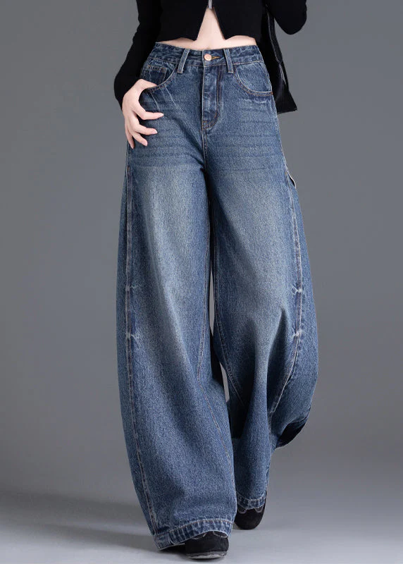 Italian Blue Oversized Warm Fleece Denim Wide Leg Pants Winter