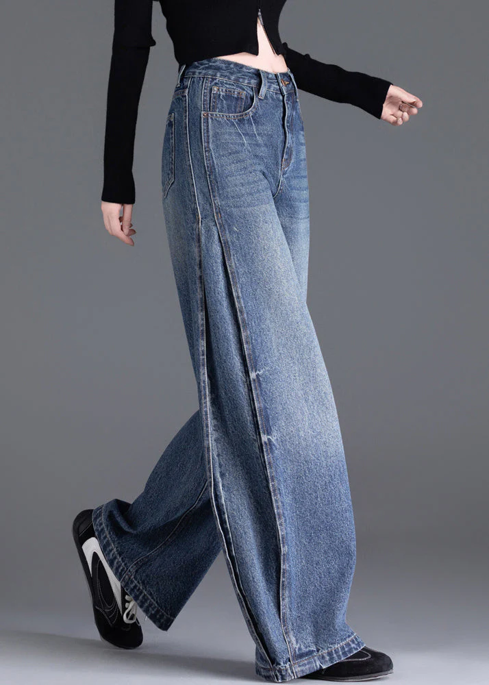 Italian Blue Oversized Warm Fleece Denim Wide Leg Pants Winter - Image 2