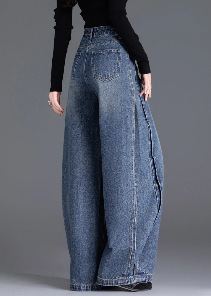 Italian Blue Oversized Warm Fleece Denim Wide Leg Pants Winter - Image 5