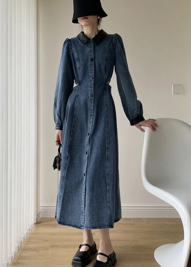 Italian Blue Peter Pan Collar Button Patchwork Denim Dress Fall - Image 2