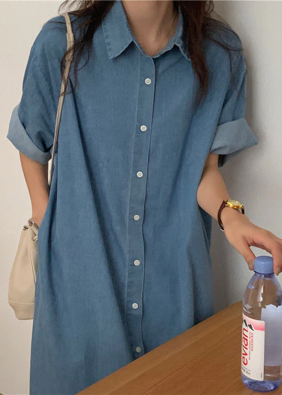 Italian Blue Peter Pan Collar Button Side Open Maxi Denim Dress Short Sleeve - Image 2