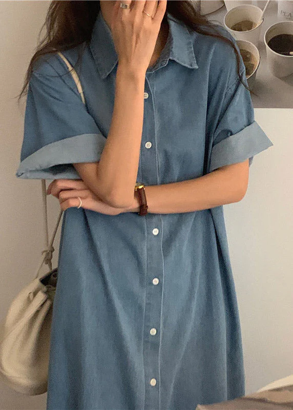 Italian Blue Peter Pan Collar Button Side Open Maxi Denim Dress Short Sleeve - Image 3