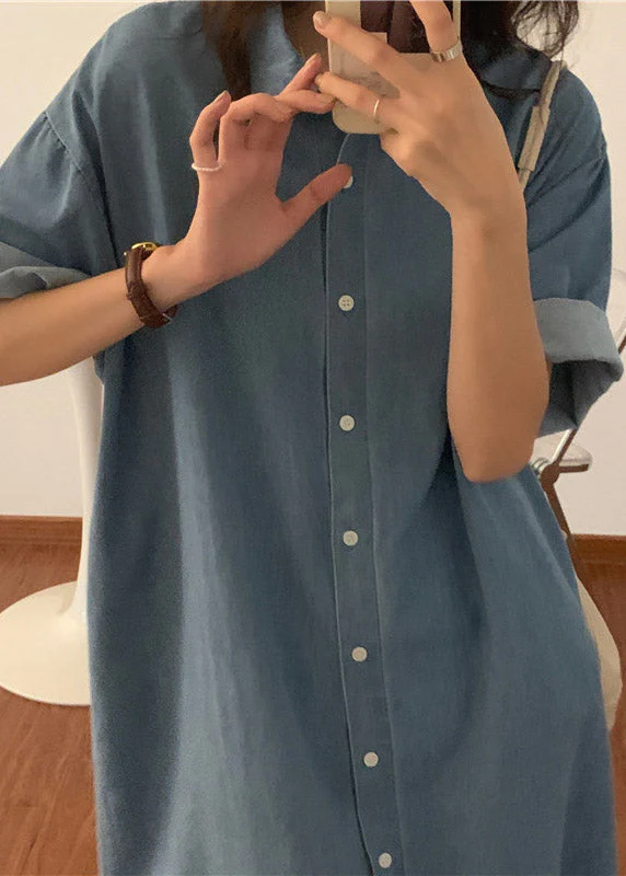 Italian Blue Peter Pan Collar Button Side Open Maxi Denim Dress Short Sleeve - Image 4