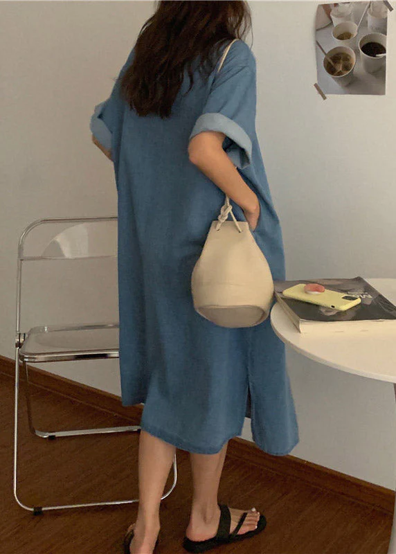 Italian Blue Peter Pan Collar Button Side Open Maxi Denim Dress Short Sleeve - Image 5