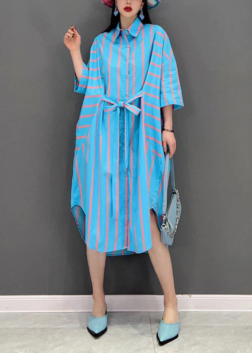 Italian Blue Peter Pan Collar Button tie waist Striped Shirt Dress Batwing Sleeve - Image 2