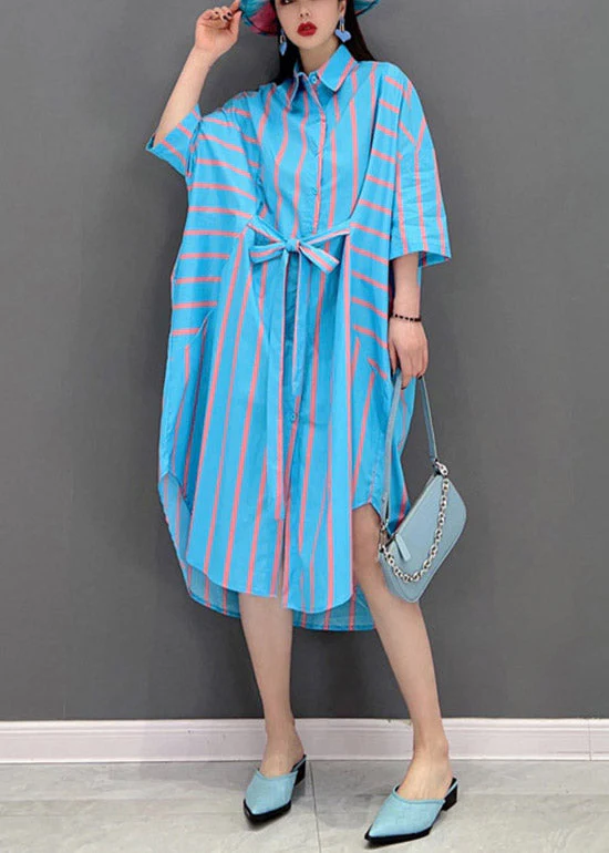 Italian Blue Peter Pan Collar Button tie waist Striped Shirt Dress Batwing Sleeve - Image 3