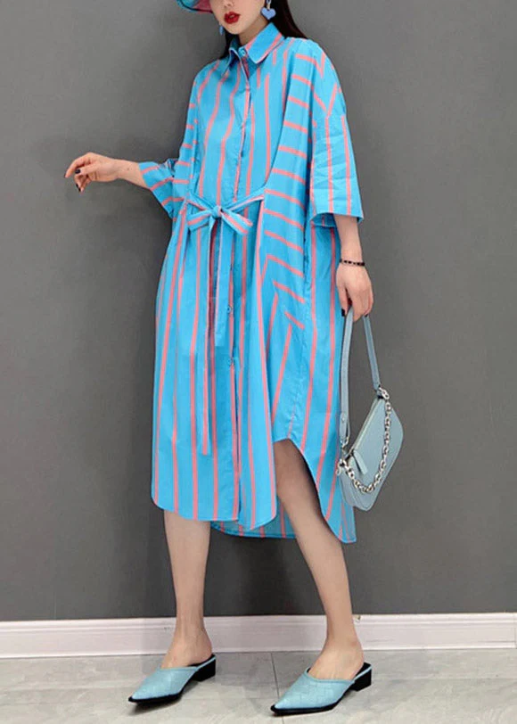 Italian Blue Peter Pan Collar Button tie waist Striped Shirt Dress Batwing Sleeve - Image 4