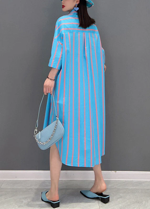 Italian Blue Peter Pan Collar Button tie waist Striped Shirt Dress Batwing Sleeve - Image 5