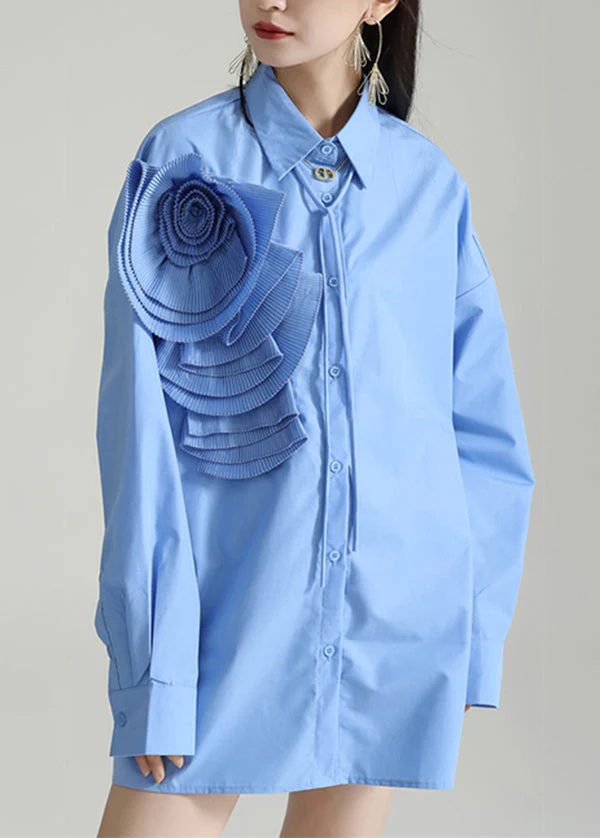Italian Blue Peter Pan Collar Floral Patchwork Cotton Shirt Dress Fall - Image 2