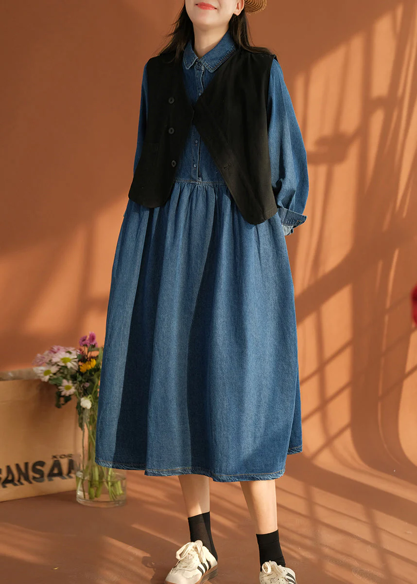 Italian Blue Peter Pan Collar Patchwork Denim Shirts Dresses Spring - Image 3