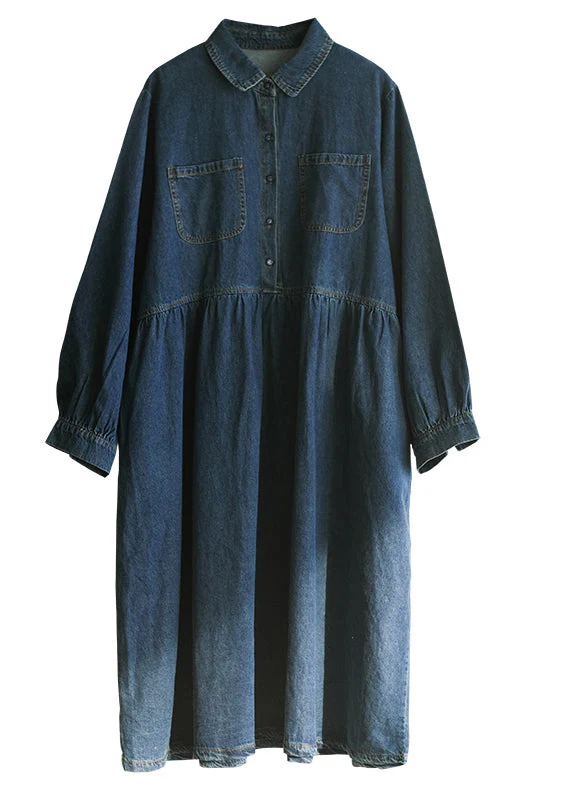 Italian Blue Peter Pan Collar Patchwork Denim Shirts Dresses Spring - Image 5