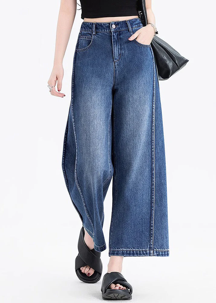 Italian Blue Pockets Patchwork Denim Crop Pants Summer - Image 2