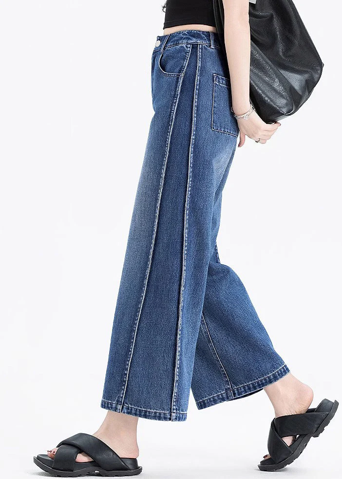 Italian Blue Pockets Patchwork Denim Crop Pants Summer - Image 3