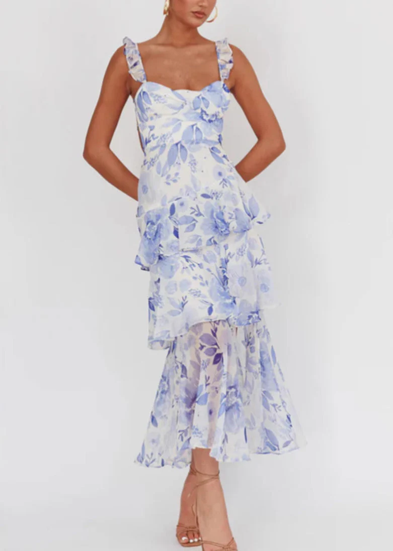 Italian Blue Print Backless Lace Up Chiffon Spaghetti Strap Dress Sleeveless
