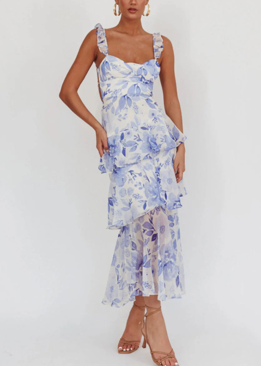 Italian Blue Print Backless Lace Up Chiffon Spaghetti Strap Dress Sleeveless - Image 2