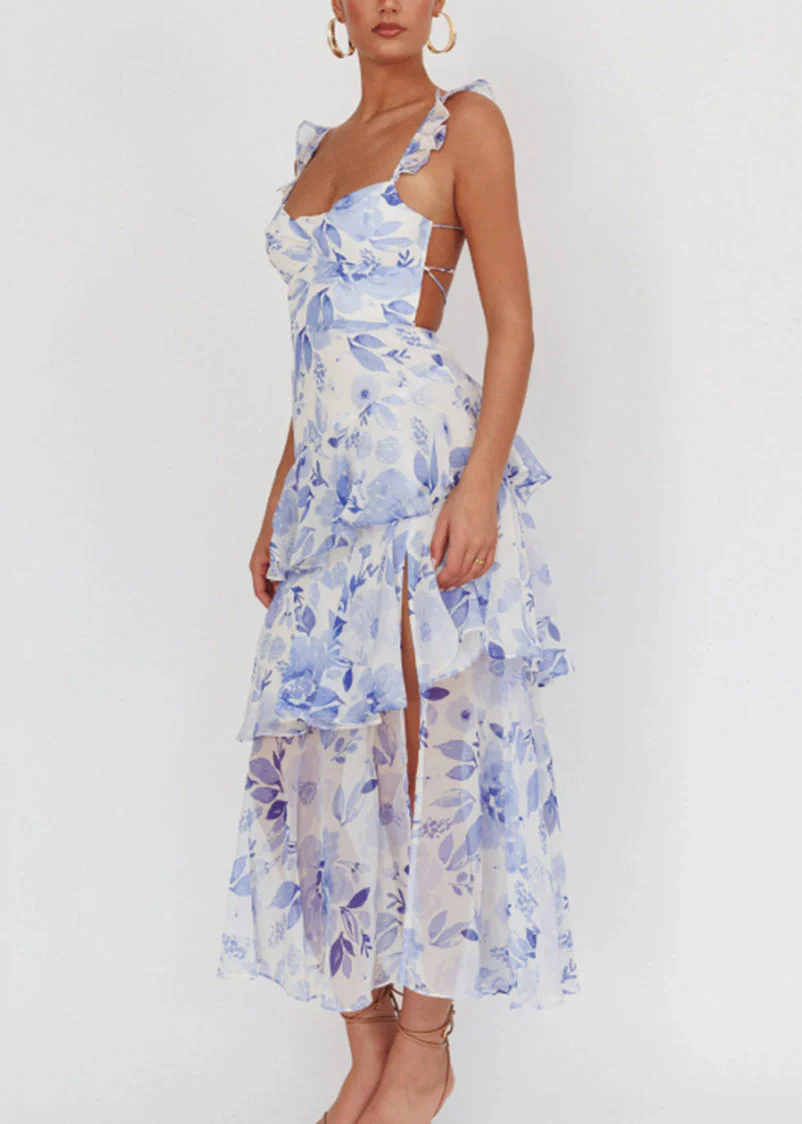 Italian Blue Print Backless Lace Up Chiffon Spaghetti Strap Dress Sleeveless - Image 3