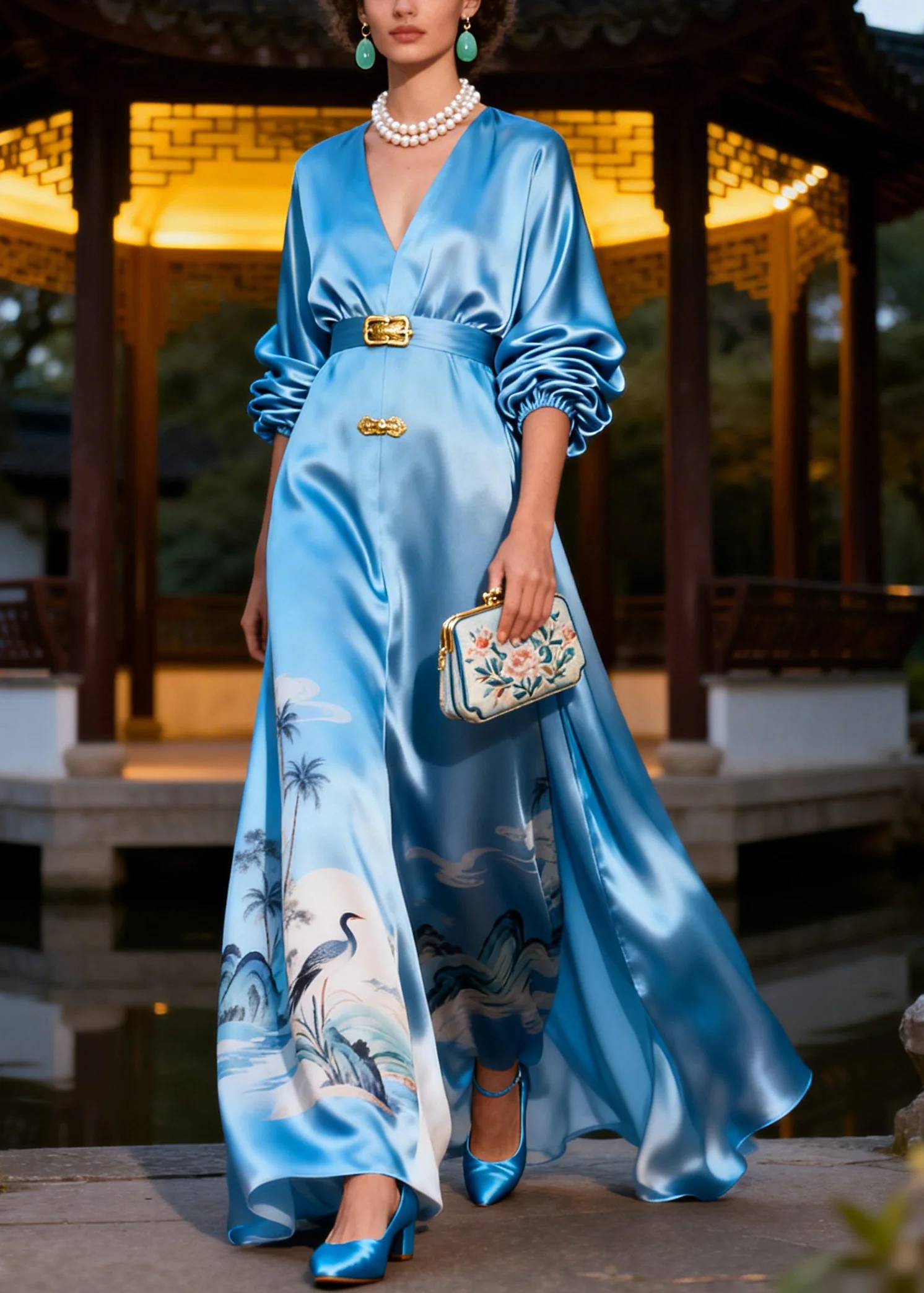 Italian Blue Print Exra Large Hem Silk Party Dress Summer - Image 3