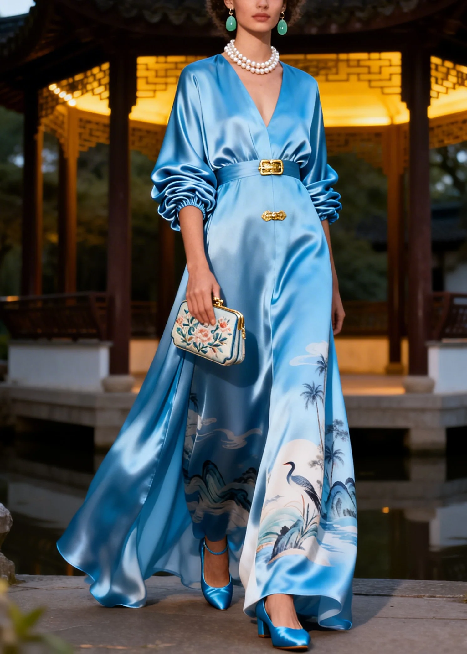 Italian Blue Print Exra Large Hem Silk Party Dress Summer - Image 5