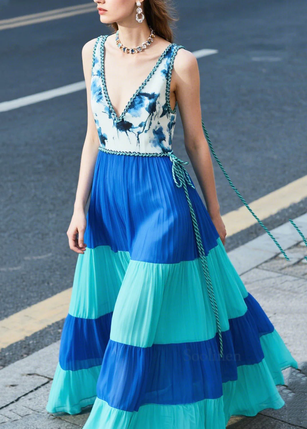 Italian Blue Print Patchwork Chiffon Dinner Dresses Summer - Image 3