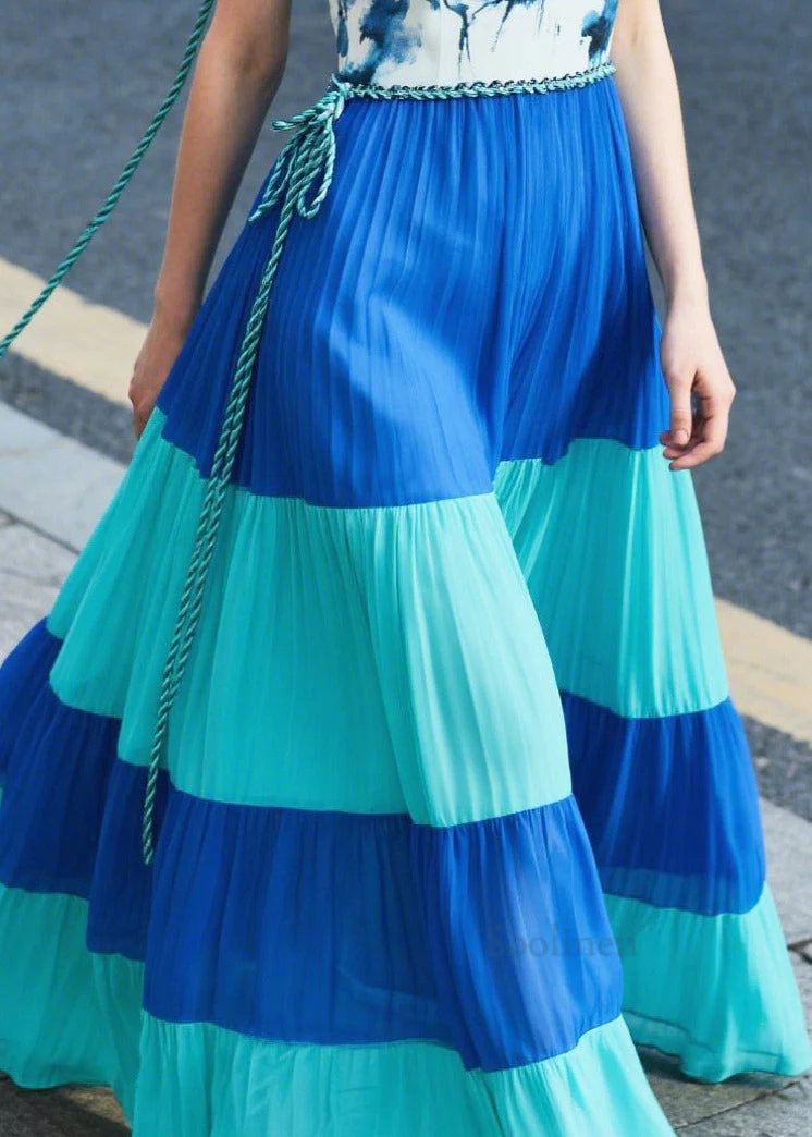 Italian Blue Print Patchwork Chiffon Dinner Dresses Summer - Image 4