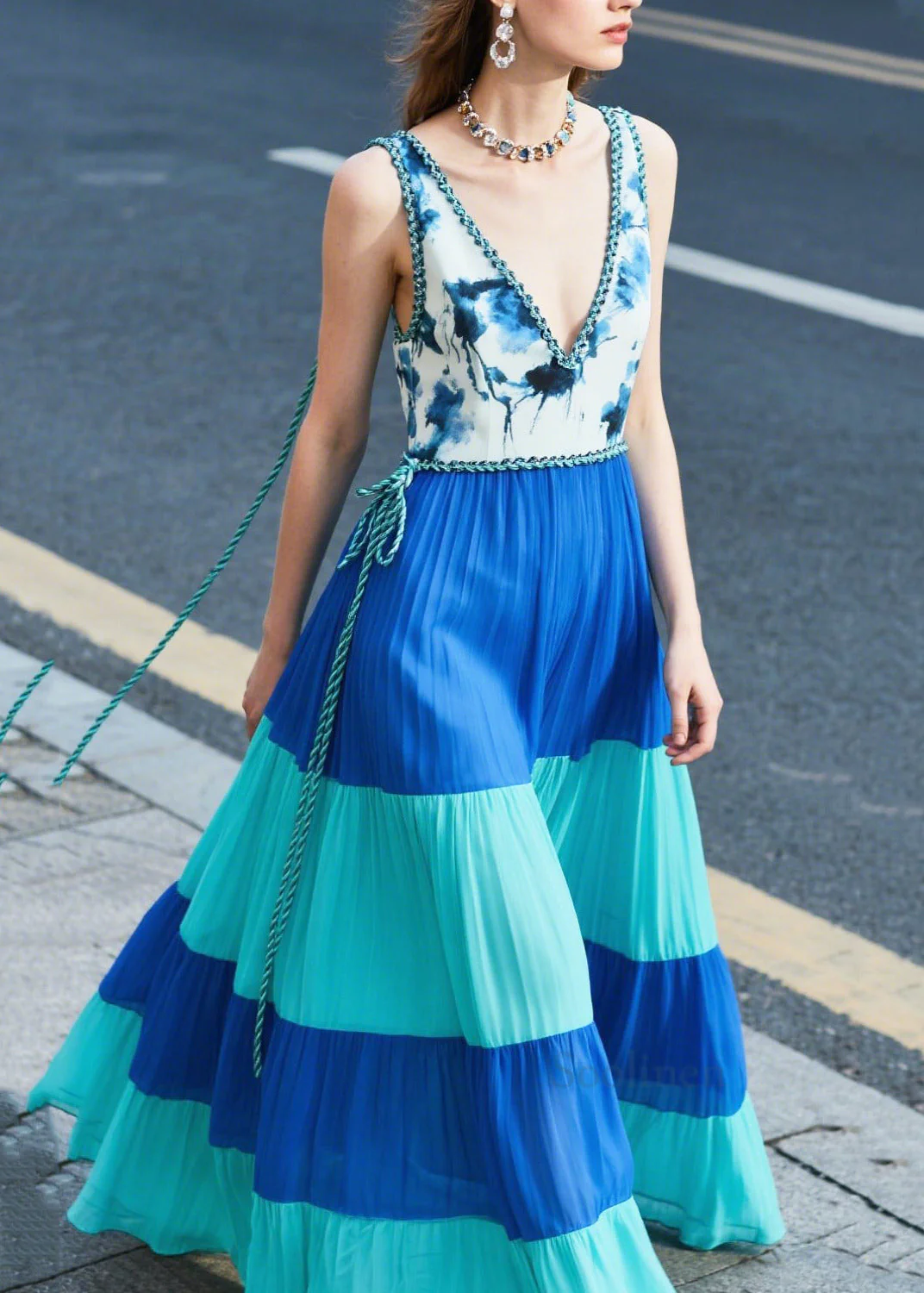 Italian Blue Print Patchwork Chiffon Dinner Dresses Summer - Image 5