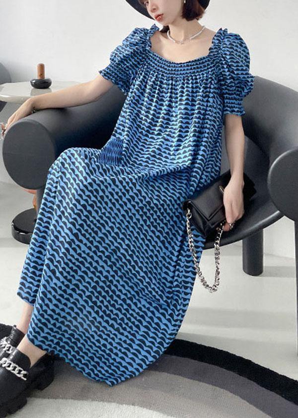Italian Blue Print Square Collar Puff Sleeve Cotton Mid Dress - Image 2
