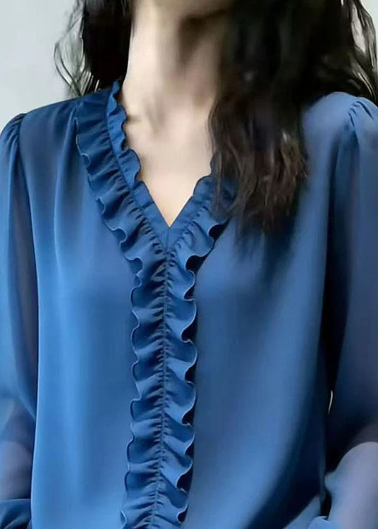 Italian Blue Ruffled Patchwork Chiffon Tops Spring - Image 2