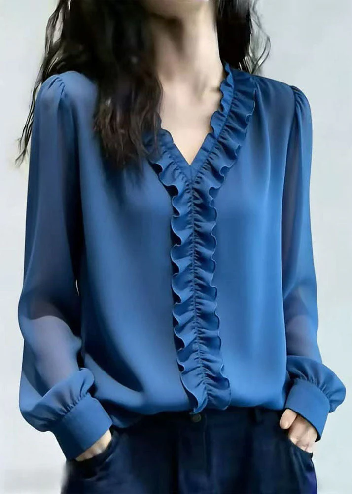Italian Blue Ruffled Patchwork Chiffon Tops Spring - Image 3