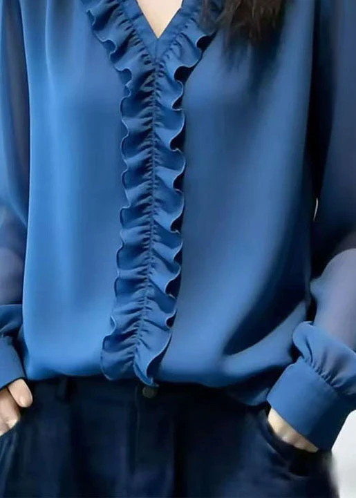 Italian Blue Ruffled Patchwork Chiffon Tops Spring - Image 4