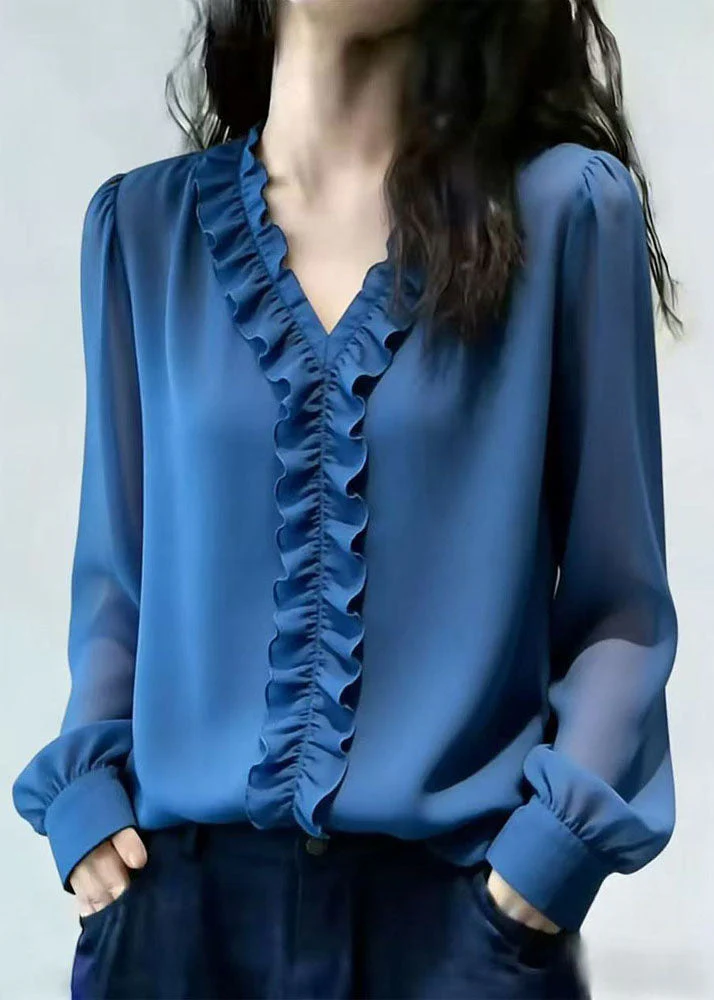 Italian Blue Ruffled Patchwork Chiffon Tops Spring - Image 5