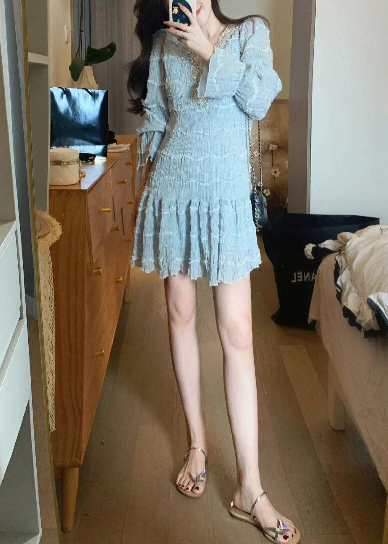 Italian Blue Ruffled Zircon Pearl Chiffon Mid Dress Spring - Image 2