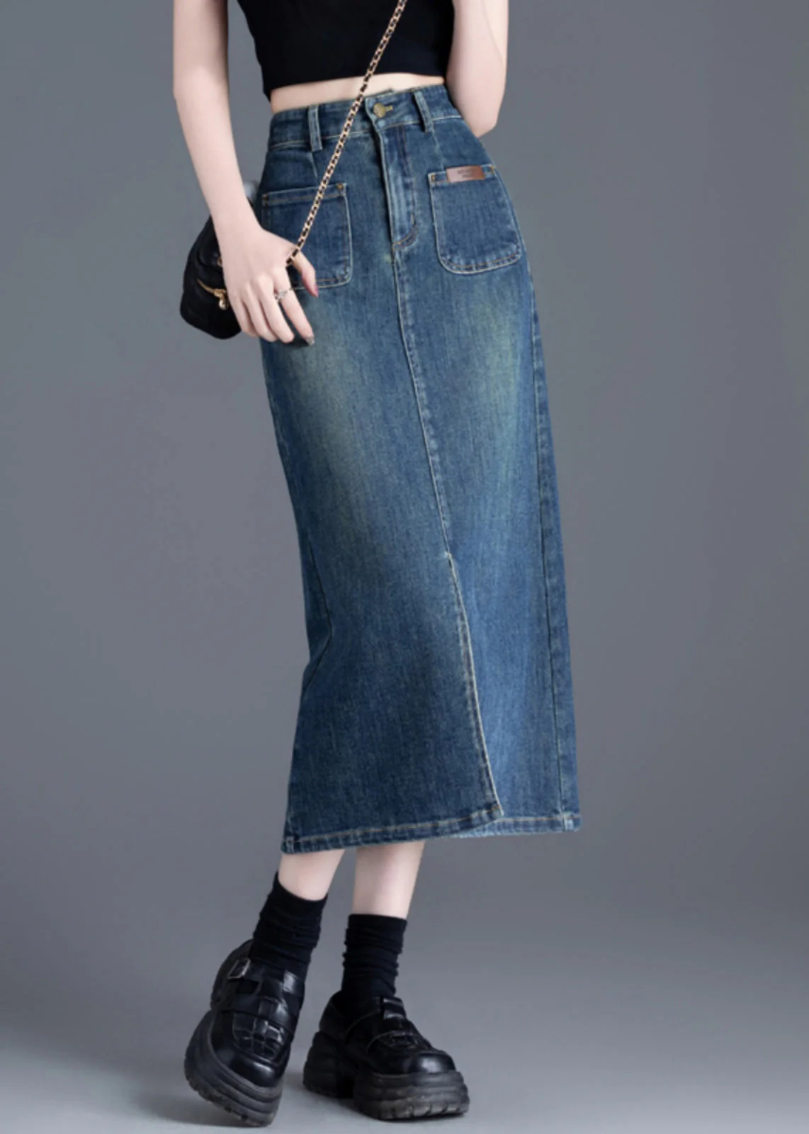 Italian Blue Side Open Silm Fit Denim A Line Skirt Spring - Image 4
