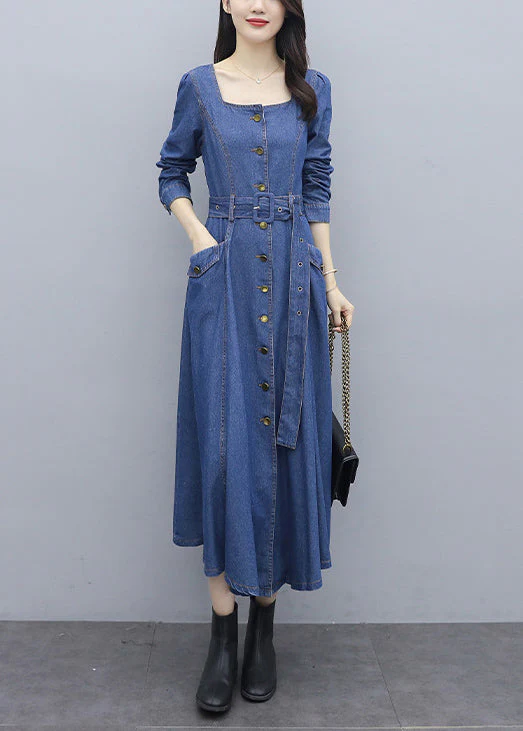 Italian Blue Solid Square Collar Button Pockets Sashes Cotton Denim Long Dresses Long Sleeve - Image 2