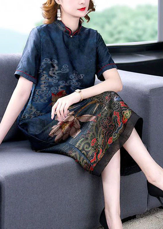 Italian Blue Stand Collar Patchwork Silk Dresses Summer - Image 3
