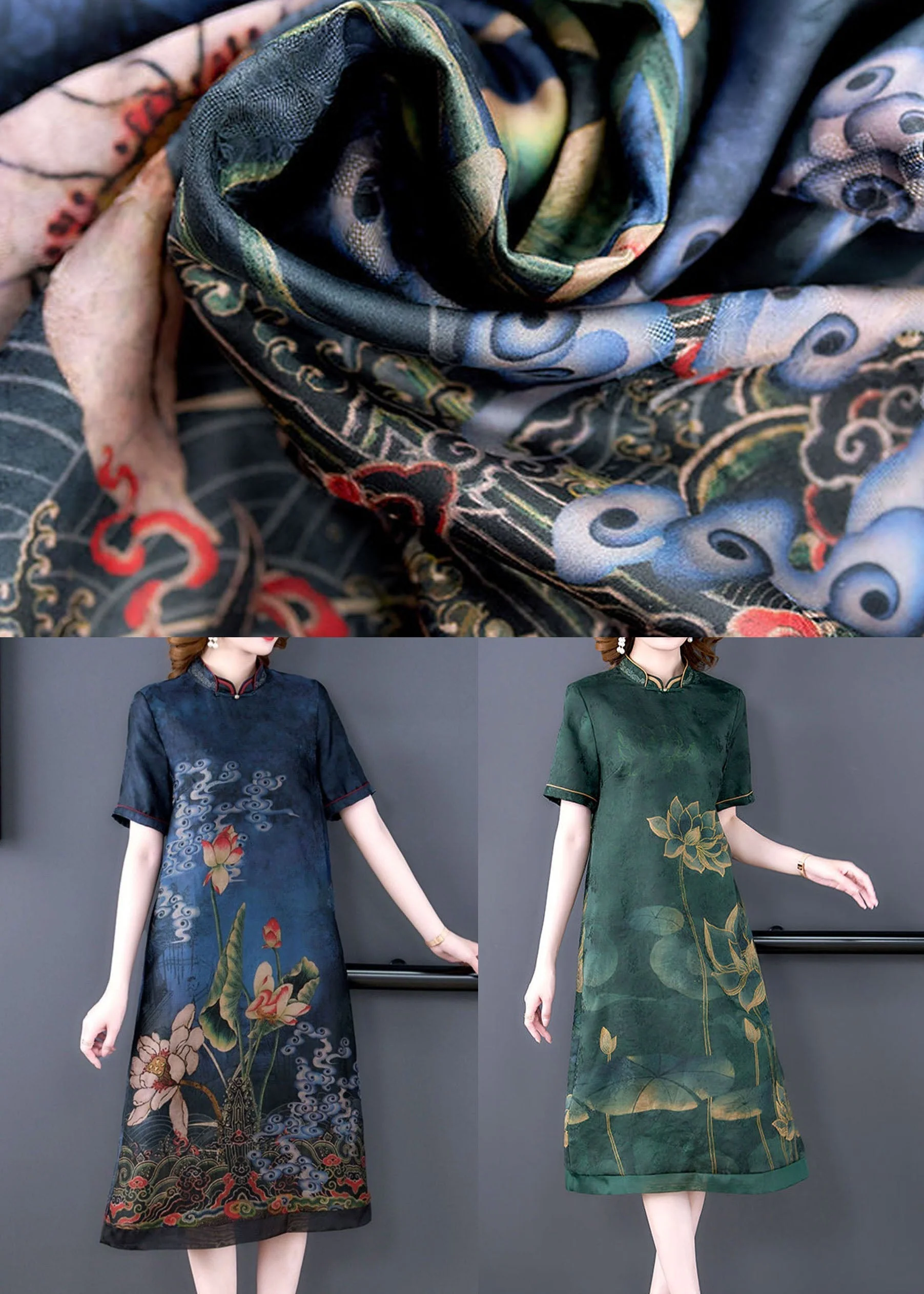 Italian Blue Stand Collar Patchwork Silk Dresses Summer - Image 4