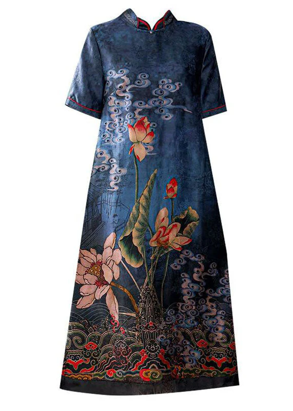 Italian Blue Stand Collar Patchwork Silk Dresses Summer - Image 5