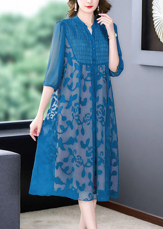 Italian Blue Stand Collar Print Patchwork Chiffon Dresses Summer - Image 2