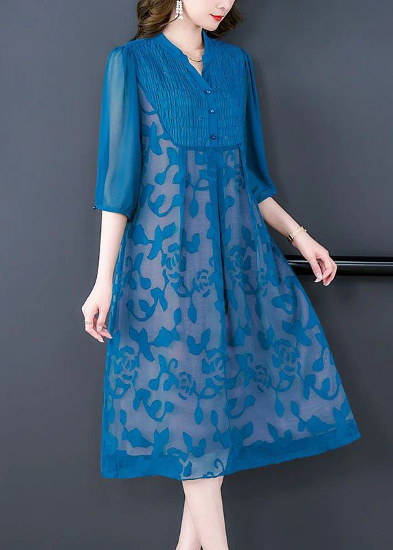 Italian Blue Stand Collar Print Patchwork Chiffon Dresses Summer - Image 3
