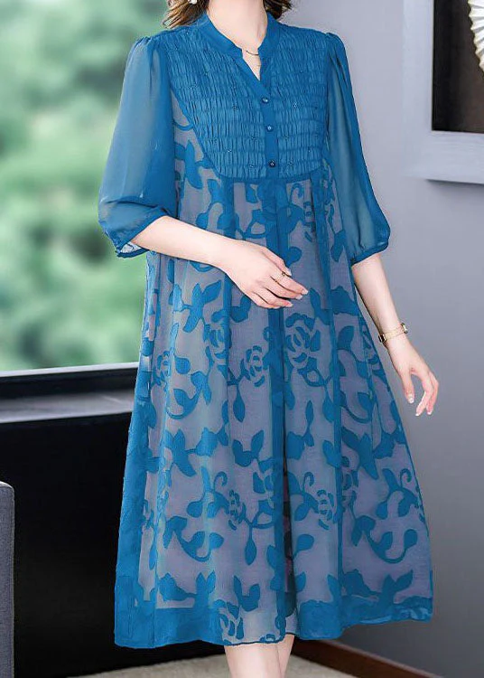Italian Blue Stand Collar Print Patchwork Chiffon Dresses Summer - Image 4