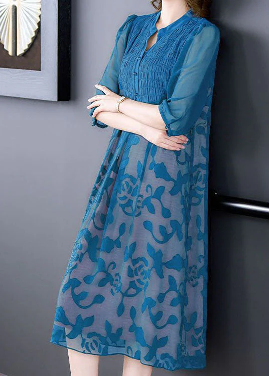 Italian Blue Stand Collar Print Patchwork Chiffon Dresses Summer - Image 5