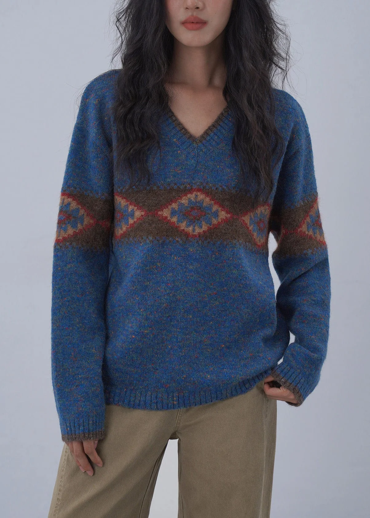 Italian Blue V Neck Jacquard Knitted Sweaters Tops Spring - Image 2