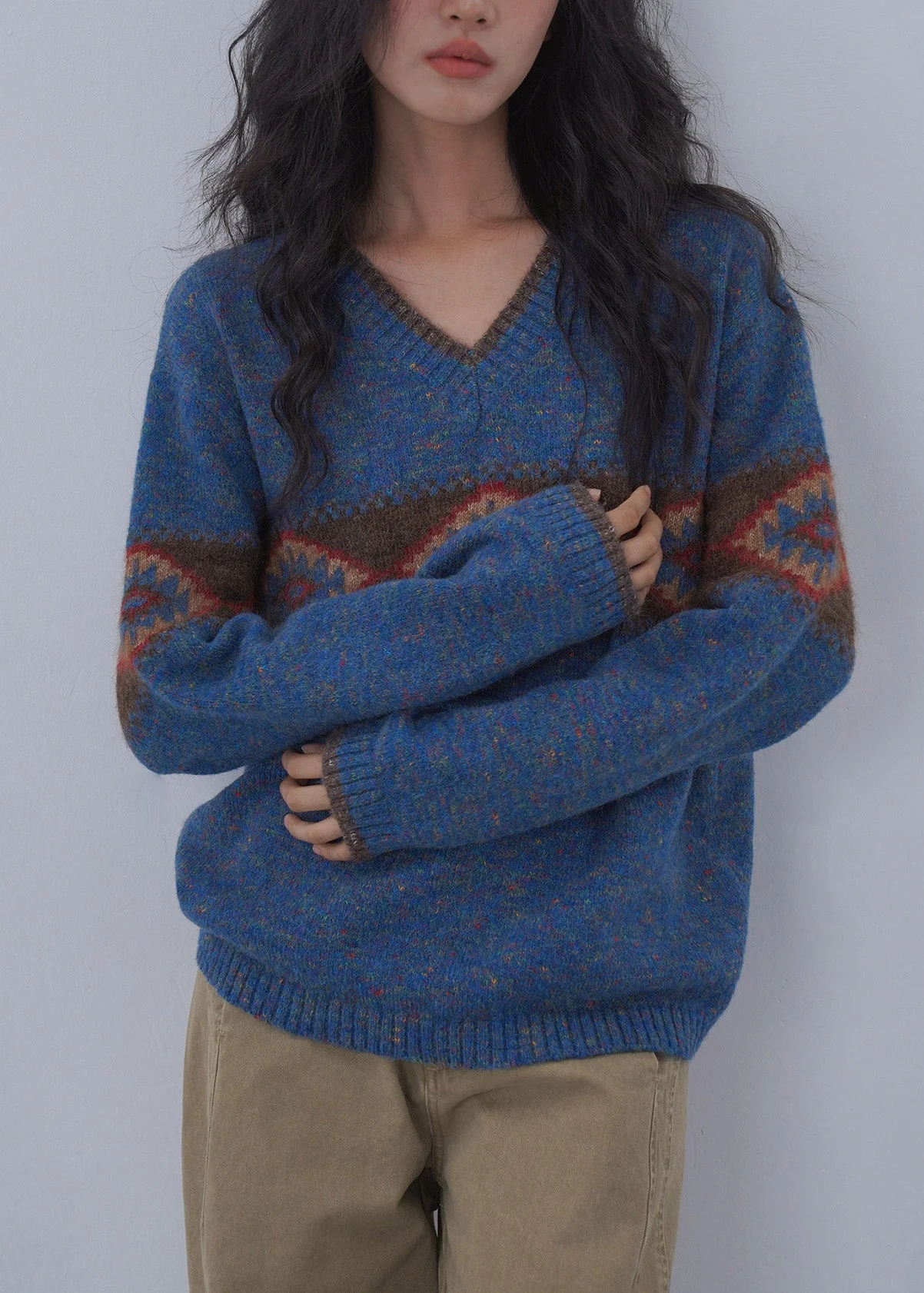Italian Blue V Neck Jacquard Knitted Sweaters Tops Spring - Image 3