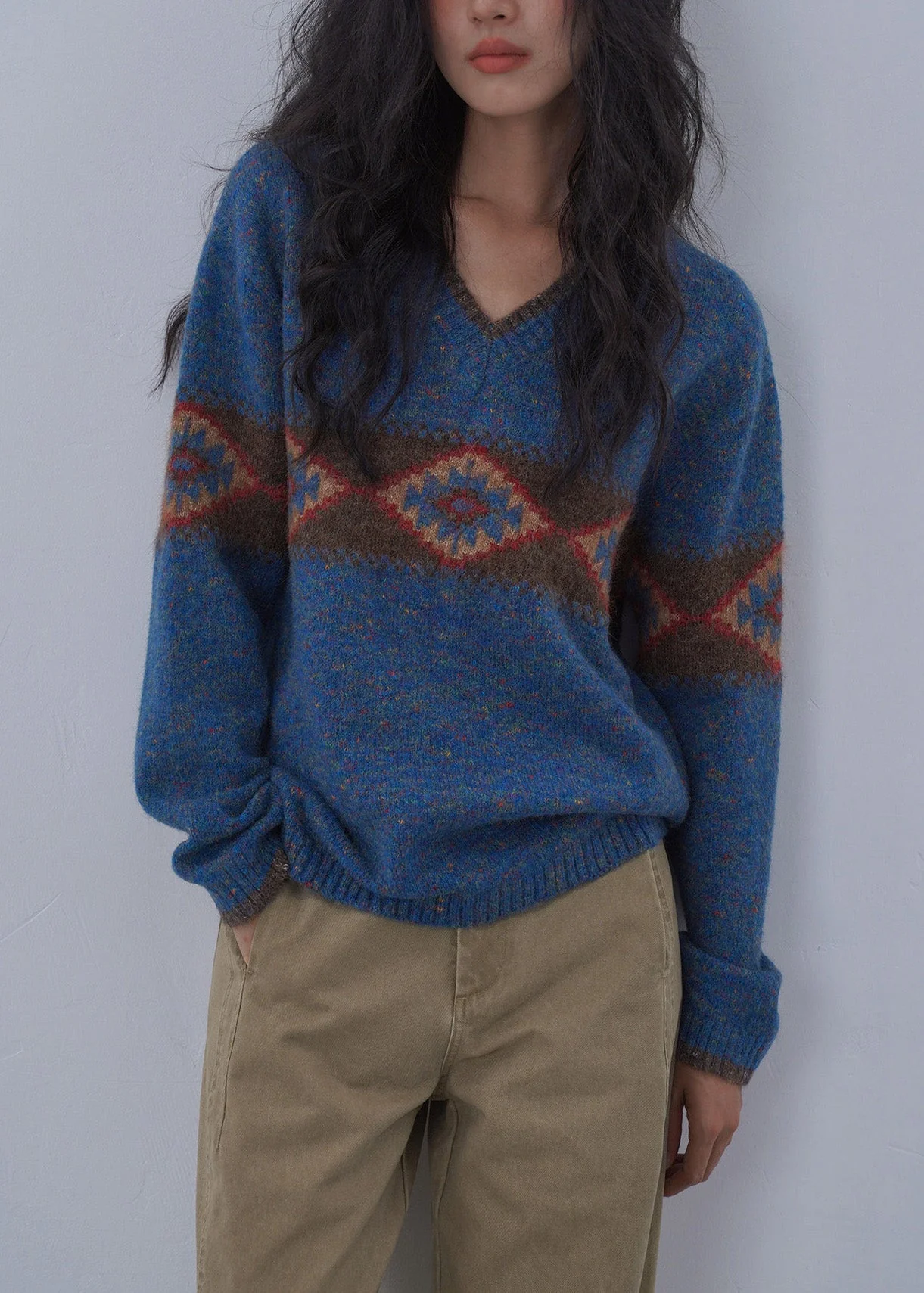 Italian Blue V Neck Jacquard Knitted Sweaters Tops Spring - Image 4