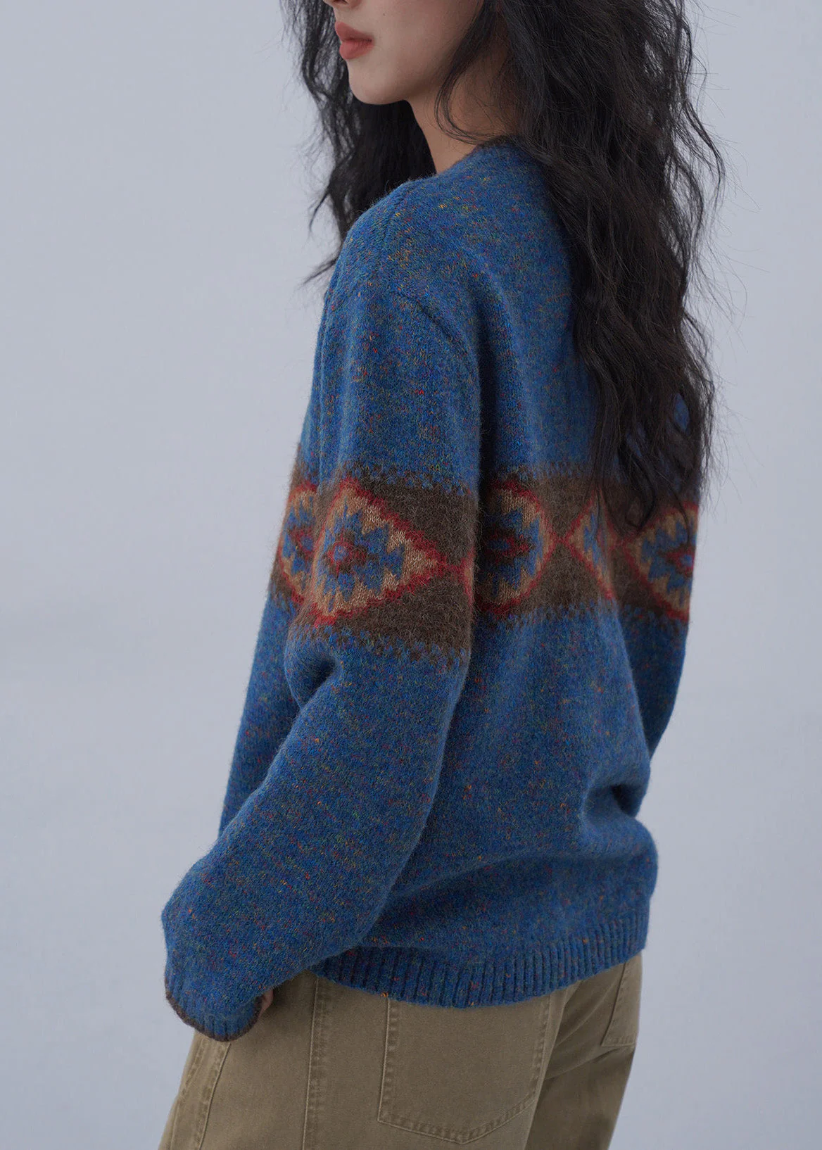 Italian Blue V Neck Jacquard Knitted Sweaters Tops Spring - Image 5