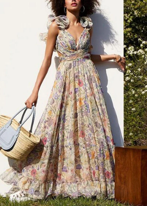 Italian Blue V Neck Print Chiffon Maxi Dresses Summer - Image 2