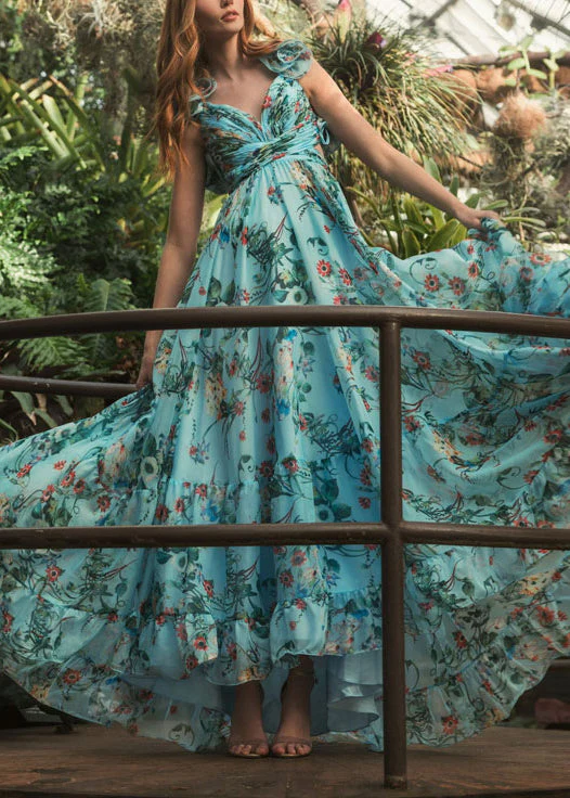 Italian Blue V Neck Print Chiffon Maxi Dresses Summer - Image 4