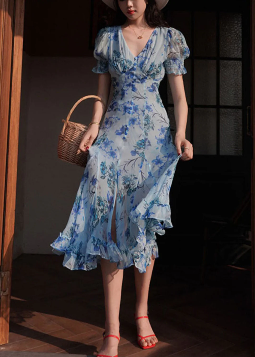 Italian Blue V Neck Ruffled Print Chiffon Long Dresses Summer - Image 2